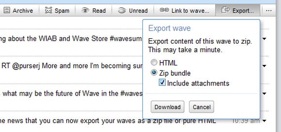 Google Wave позволяет экспортировать все волны в Zip архивы